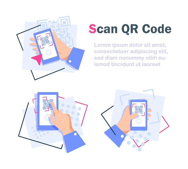Vector proceso de escaneo de código qr, código y texto en la pantalla, mano sosteniendo un teléfono inteligente