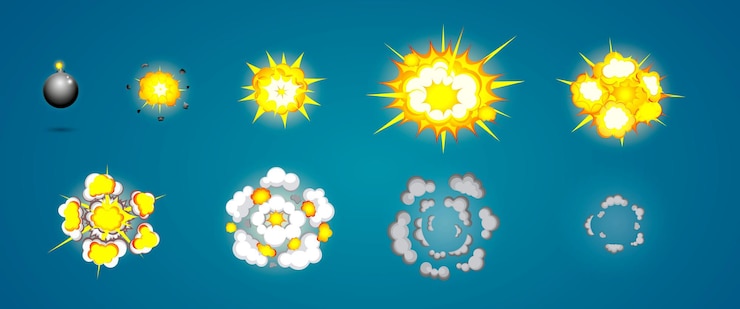 Vector proceso de explosión estilo de dibujos animados detonando explosivos con fases posteriores