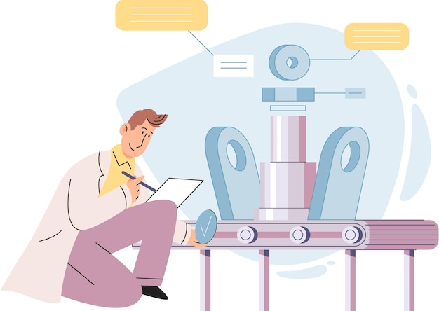 Vector proceso de fabricación en la industria de producción automatizada el científico trabaja con el control del transportador industrial innovación técnica y científica concepto de desarrollo y automatización de fabricación inteligente