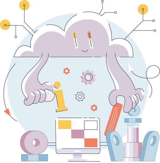 Proceso de fabricación en la industria de producción automatizada Ilustración de vector de tecnología futura de inteligencia artificial Innovación técnica y científica Automatización y desarrollo de fabricación inteligente