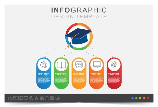 Proceso de graduación de presentación de plantilla de infografía y conjunto de iconos