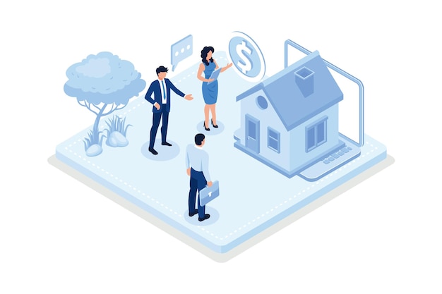 Proceso hipotecario Personajes que obtienen la aprobación del banco vector isométrico ilustración moderna