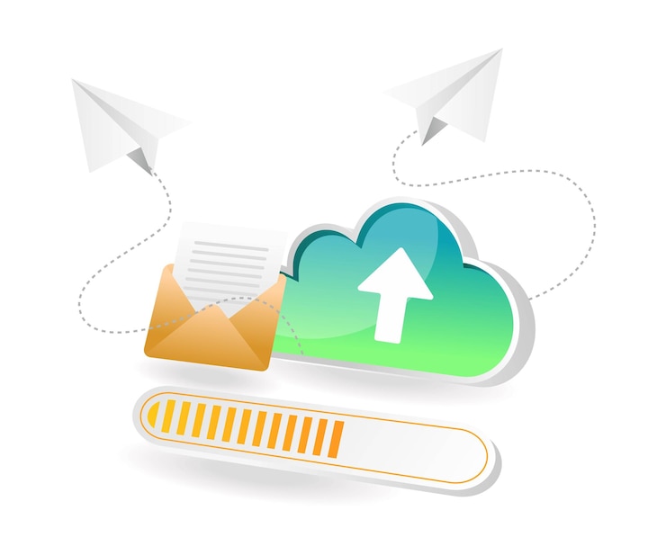 Vector proceso de ilustración de concepto isométrico plano de envío de datos de correo electrónico al servidor en la nube