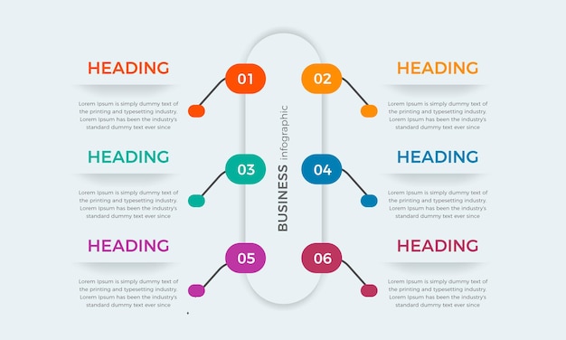Proceso de infografía empresarial con diseño de plantilla colorido con iconos y 6 opciones