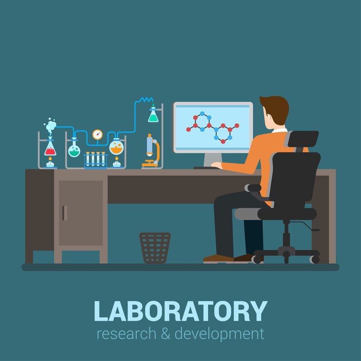 Vector proceso de investigación química del equipo de mesa de trabajador de laboratorio. laboratorio de ciencias de farmacología farmacéutica. objetos de trabajo de hombre relacionados con el trabajo profesional moderno de estilo plano. personas en la colección de trabajo.