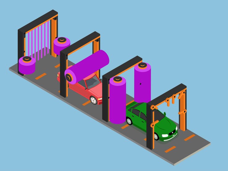 Vector proceso de lavado automático isométrico 3d