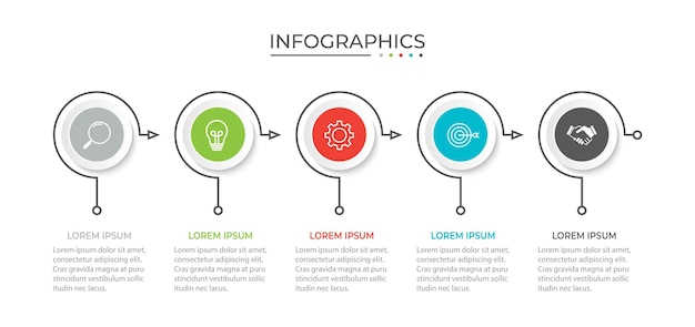 Proceso de línea delgada de infografía empresarial con diseño de plantilla circular con iconos y 5 opciones o pasos