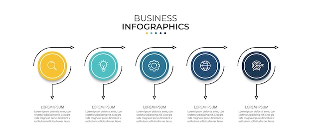 Proceso de línea delgada de infografía empresarial con diseño de plantilla circular con iconos y 5 opciones o pasos
