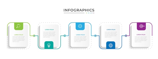 Proceso de línea delgada de infografía empresarial con diseño de plantilla cuadrada con iconos y 5 opciones o pasos