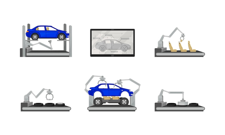 Vector proceso de línea de ensamblaje de producción de automóviles con robots industriales y conjunto vectorial de equipos