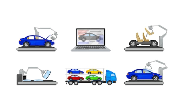 Proceso de línea de ensamblaje de producción de automóviles con robots industriales y conjunto vectorial de equipos