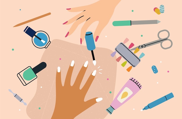 Proceso de manicura muestras de uñas de vista superior de mano femenina y herramientas profesionales cosméticos de salón de belleza e ilustración de vector de hobby de mujer