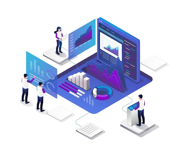 Vector proceso de mantenimiento de datos de análisis en diseño isométrico.