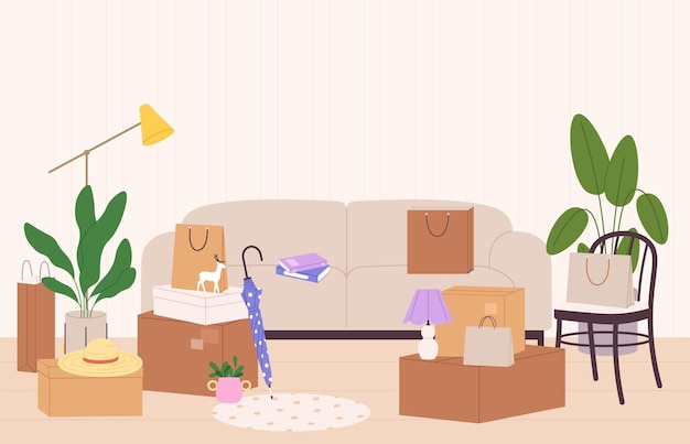 Proceso de mudanza Cosas en cajas de cartón y bolsas Equipaje y elementos interiores del hogar Mobiliario concepto vectorial de diseño o renovación de apartamentos nuevos