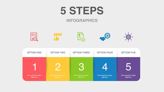 Proceso de negocio implementar analizar investigar iconos de prueba Plantilla de diseño de diseño infográfico Concepto de presentación creativa con 5 pasos