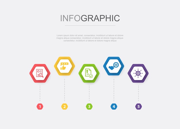 Proceso de negocio implementar analizar investigar iconos de prueba Plantilla de diseño infográfico Concepto creativo con 5 pasos