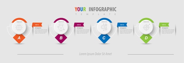 Proceso de negocio de infografía con 4 pasos u opciones de visualización de datos de círculos