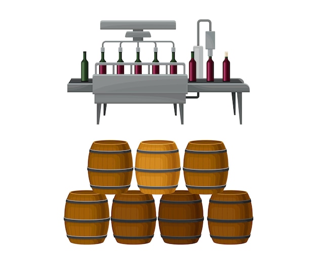 Proceso de pegado de etiquetas de botellas de vino con recipientes de vidrio en cinta transportadora y vector de barril de madera