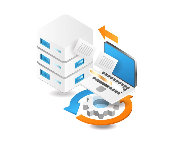 Vector proceso de procesamiento de datos del servidor en la nube de ilustración 3d isométrica plana