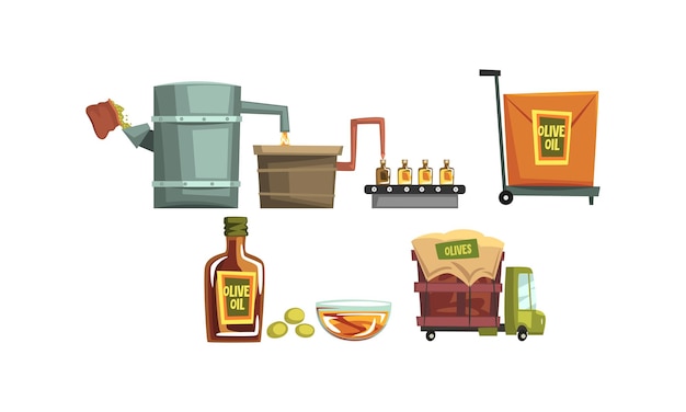 Proceso de producción de aceite de oliva Conjunto de cosecha Prensado de aceitunas y entrega del producto Ilustración vectorial de estilo de dibujos animados