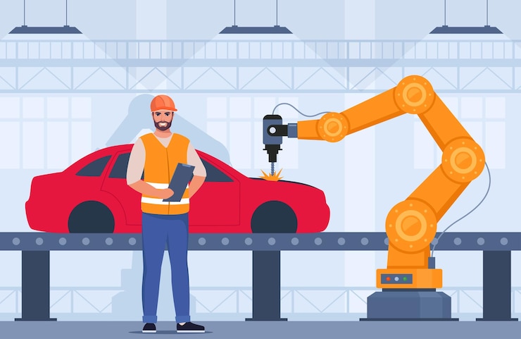 Vector proceso de producción automatizada de automóviles línea de máquinas con manos robóticas ingeniero