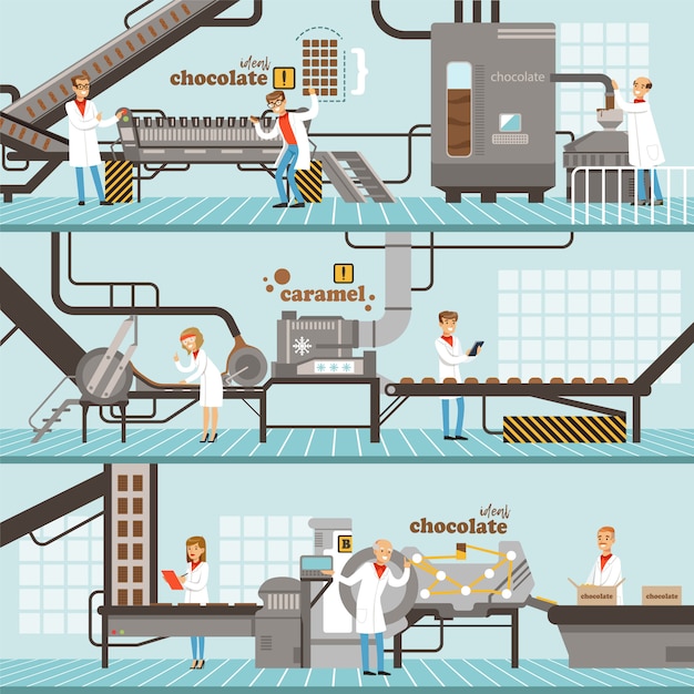 Proceso de producción de caramelo y chocolate conjunto de coloridas pancartas horizontales fábrica de chocolate coloridas ilustraciones detalladas