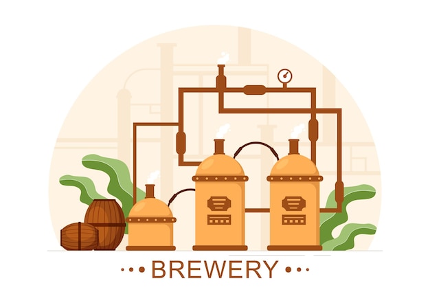 Proceso de producción de cervecería con tanque de cerveza y botella llena de bebida alcohólica en ilustración plana