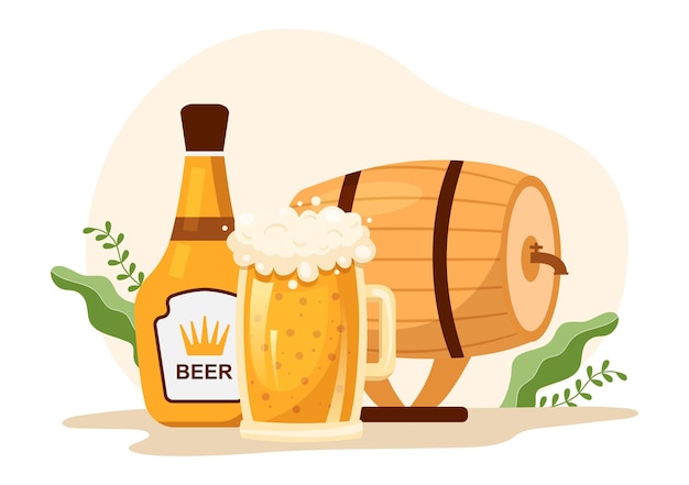 Proceso de producción de cervecería con tanque de cerveza y botella llena de bebida alcohólica en ilustración plana