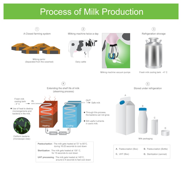 Proceso de producción de leche. Uso de calor para destruir microorganismos y bacterias en la leche. Mediante este proceso, las bacterias no pueden crecer.