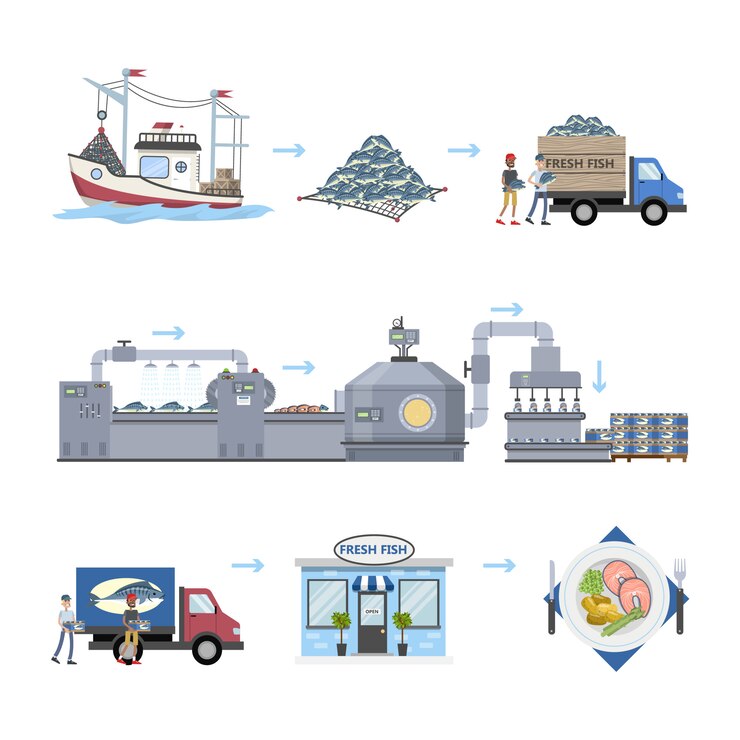 Vector proceso de producción de mariscos. desde la pesca hasta el producto listo en la tienda.
