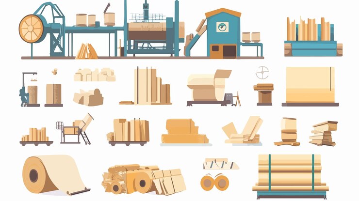 Vector proceso de producción profesional de papel etapas de la industria artesanal en alta definición