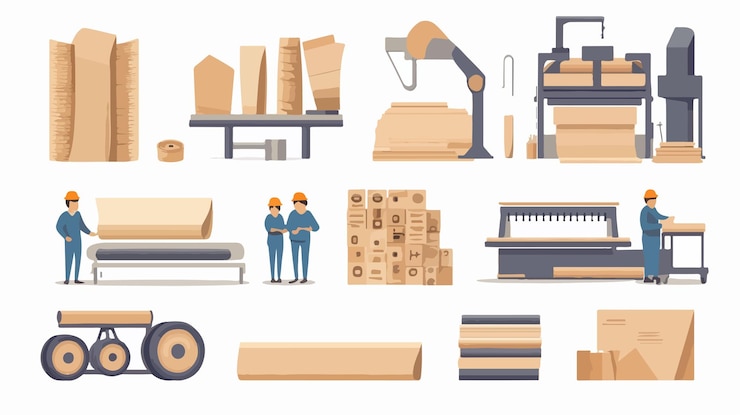 Vector proceso de producción profesional de papel etapas de la industria artesanal en alta definición