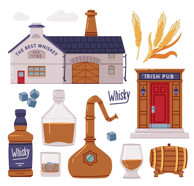 Proceso de producción de whisky con destilación de pub irlandés y botellas de vidrio con vector de alcohol fuerte