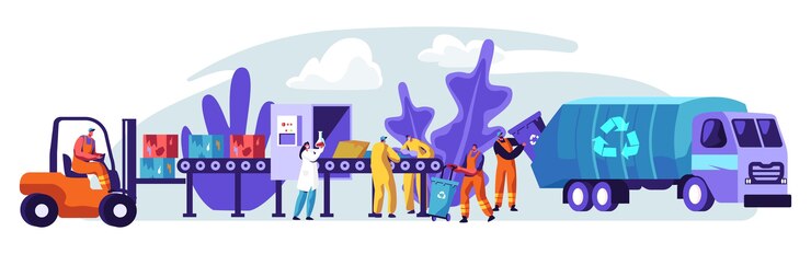 Vector proceso de reciclaje de convertir desechos industriales en nuevos materiales y objetos ilustración del concepto