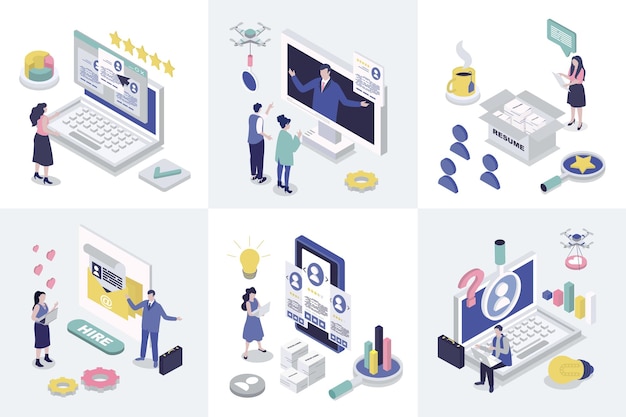 Proceso de recursos humanos concepto de isometría 3d para diseño web Conjunto de colecciones con personas isométricas buscando candidatos para la contratación haciendo entrevistas de trabajo en la vacante buscando el mejor currículum en línea Ilustración vectorial