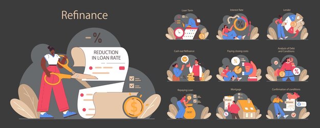 Vector proceso de refinanciamiento en modo oscuro o nocturno establecido reducción del tipo de préstamo a los acuerdos de prestamista obligación de deuda