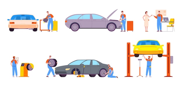 Proceso de reparación de automóviles inspección del reparador de automóviles y reparación del cliente mantenimiento técnico del automóvil servicio de automóviles montaje de elevación de neumáticos motor vehículo espléndida ilustración vectorial