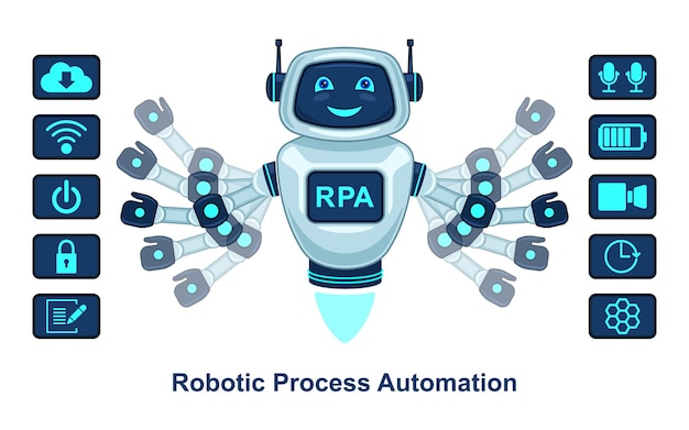 Proceso robótico automatización robot asistente realista dibujos animados aislado