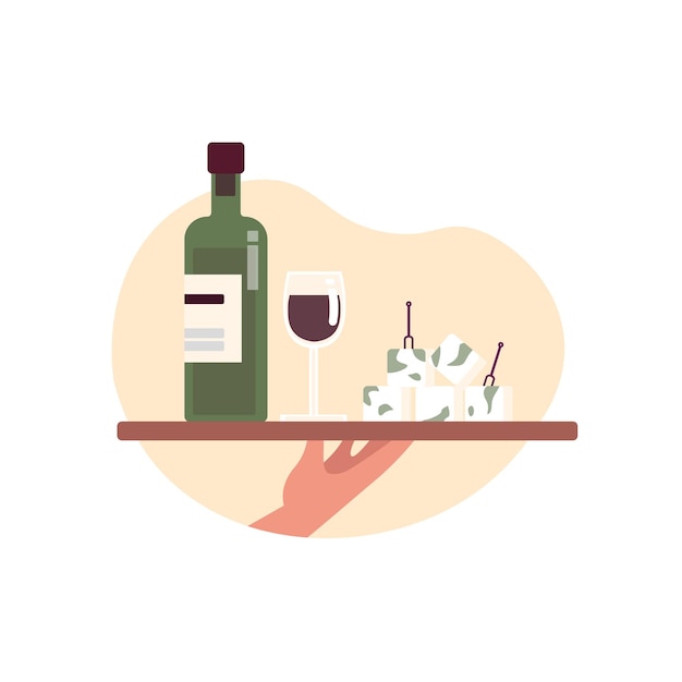 Proceso de servir vino casero y queso natural Tiempo para degustar vino con refrigerio Bebidas alcohólicas de ingredientes naturales Industria de producción de vino Vector