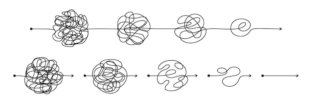 Proceso simplificador Confundido camino complicado de difícil a simple paso a paso proceso caos y concepto de problema Líneas conectadas confusas complejas Conjunto vectorial