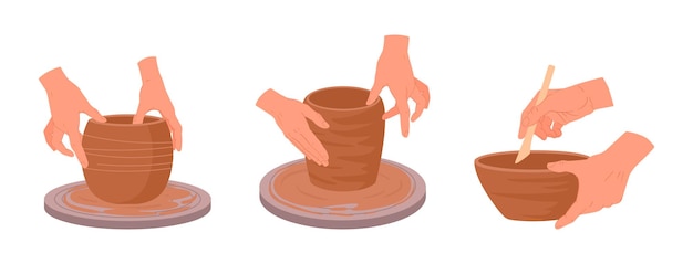 Proceso de taller de cerámica de dibujos animados Alfareros de estudio de cerámica modelando jarrones de arcilla conjunto de ilustraciones vectoriales planas Alfareros con las manos haciendo ollas en la rueda de cerámica