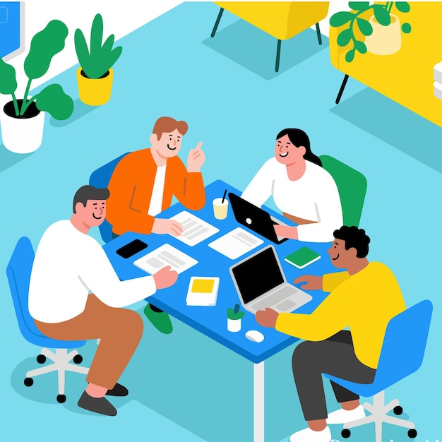 Proceso de trabajo en equipo Oficina de coworking de grupos creativos de jóvenes