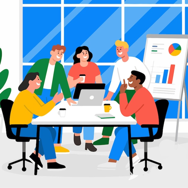 Proceso de trabajo en equipo Oficina de coworking de grupos creativos de jóvenes