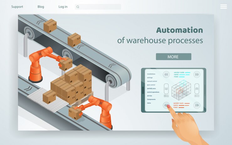 Vector procesos de almacén de automatización de ilustración web.