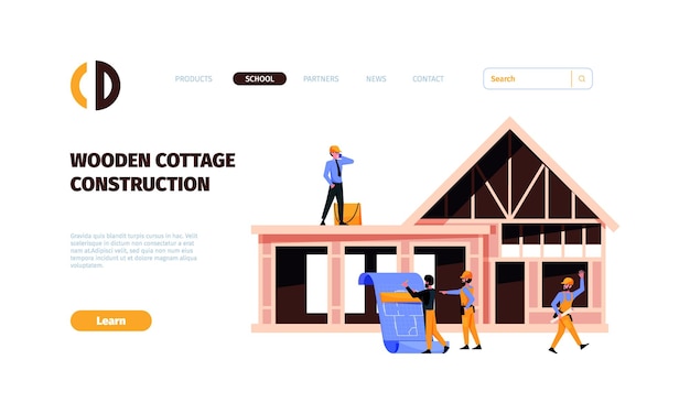 Procesos de construcción aterrizaje Modernas etapas de construcción exterior de aldeas llamativas plantillas vectoriales de página web con lugar para texto