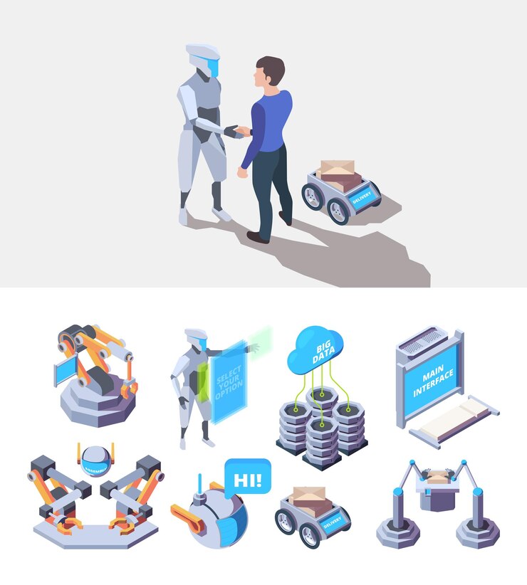 Vector procesos robóticos. los artículos de la industria inteligente fabrican servicios de producción de ingeniería vector fábrica isométrica. inteligencia de automatización automática, ilustración de sistema robótico de tecnología