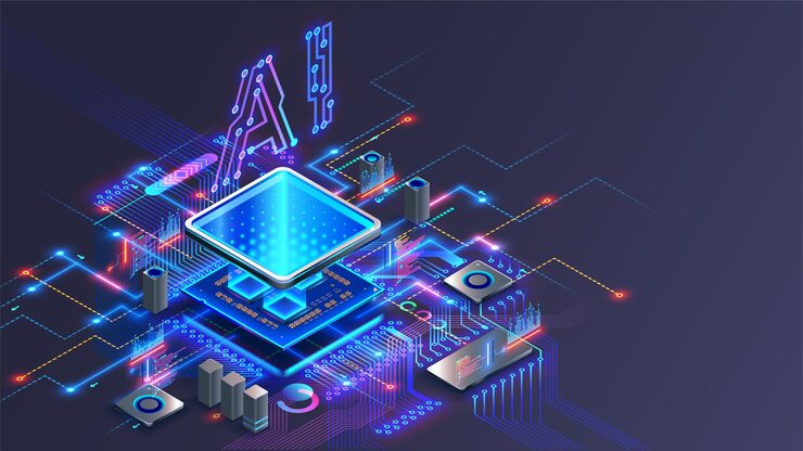 Vector processor with integration ai ai letters on chip cpu connected to motherboard artificial intelligence technology in electronic chip on pcb board hardware tech conceptual background 3d vector