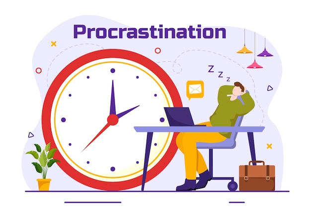 Vector procrastinación ilustración con el empresario perezoso que procrastina los empleados el trabajo del trabajador de oficina