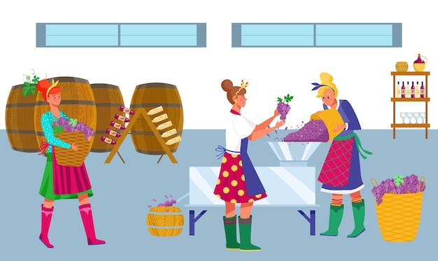 Producción de alcohol de vino en el trabajo de personaje de mujer plana de ilustración de vector de fábrica en bodega haciendo bebidas de uva verter bebida en barril de madera