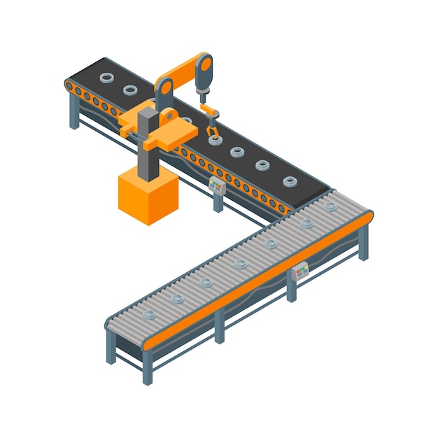 Producción automatizada de transportadores de fábrica Vista isométrica 3d sobre un fondo blanco con ilustración de vector de línea de proceso